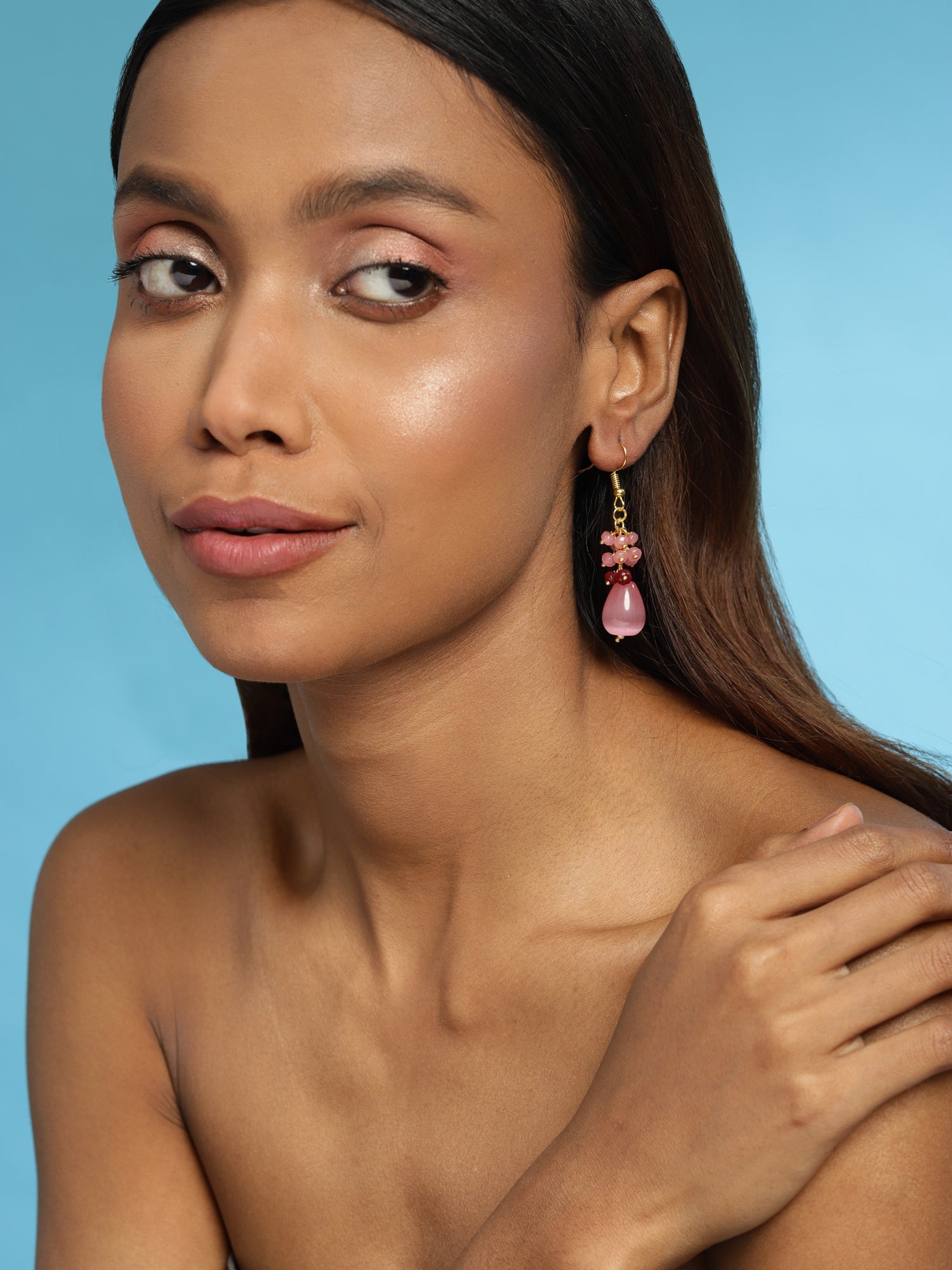 Pink Contemporary Gold-Plated Drop Earrings - Ruby Raang - Distacart