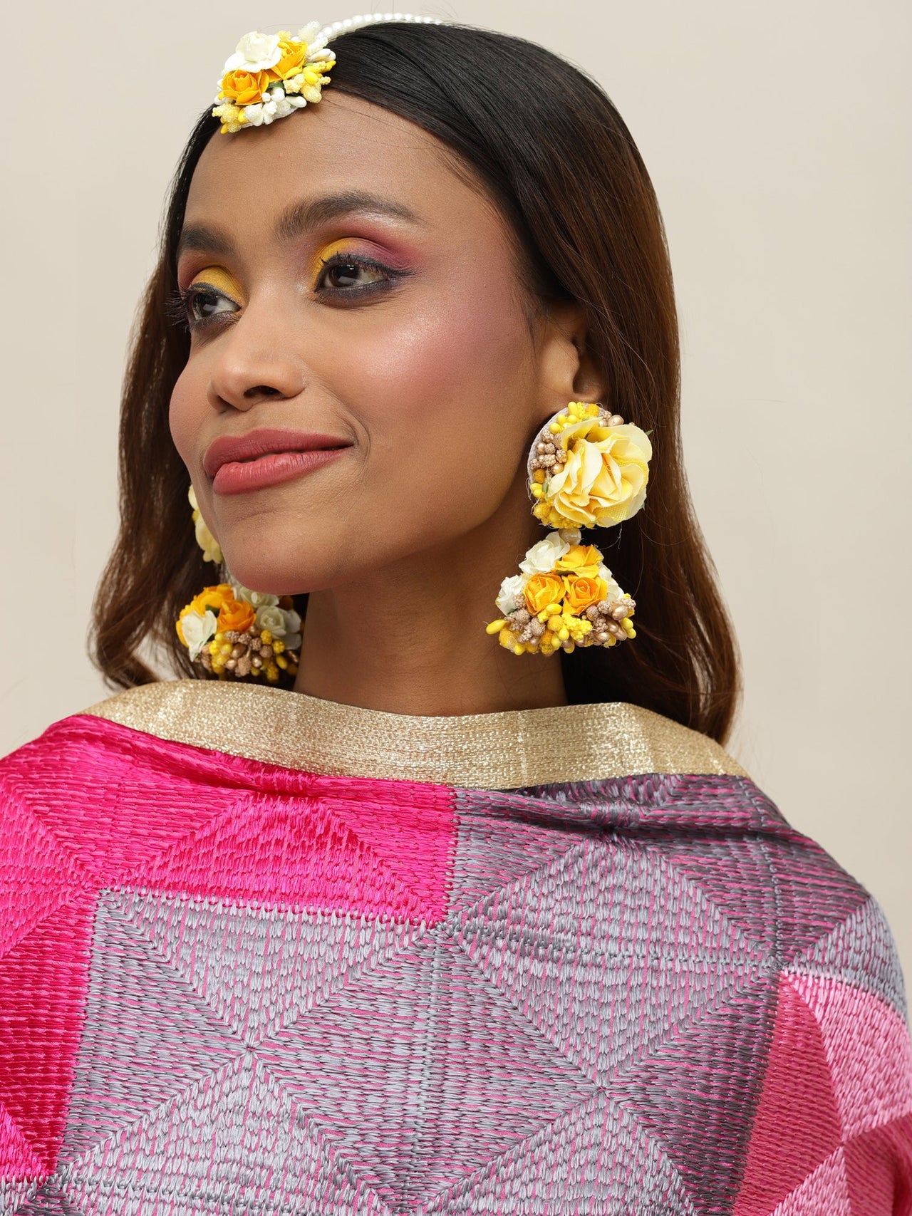 Yellow Gold-Plated Flower Maang Tika Earrings - Ruby Raang - Distacart