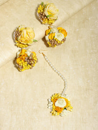 Thumbnail for Yellow Gold-Plated Flower Maang Tika Earrings - Ruby Raang - Distacart