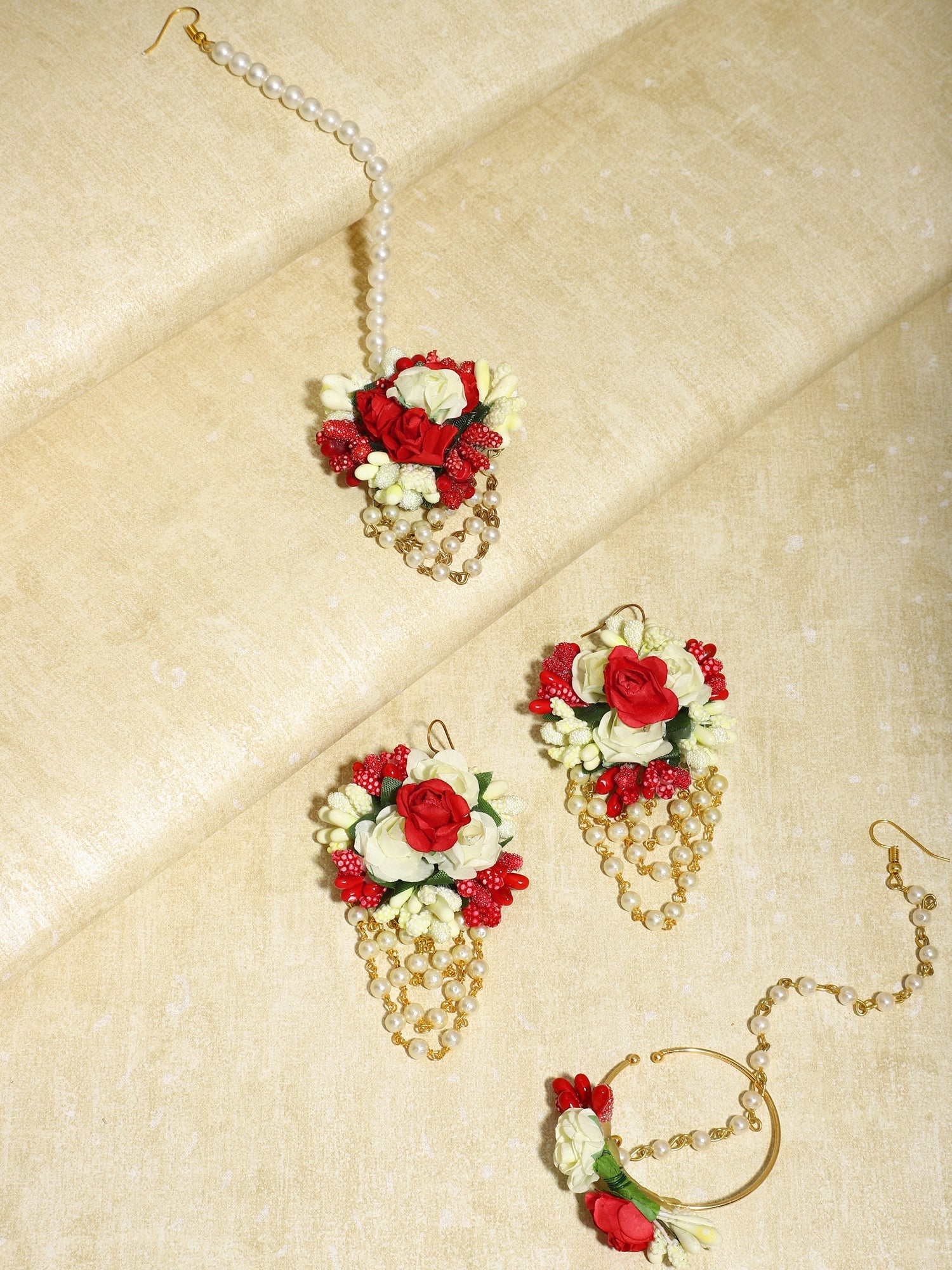 Flower Jewellery Gold-Plated Red Floral Jewellery Set - Ruby Raang - Distacart