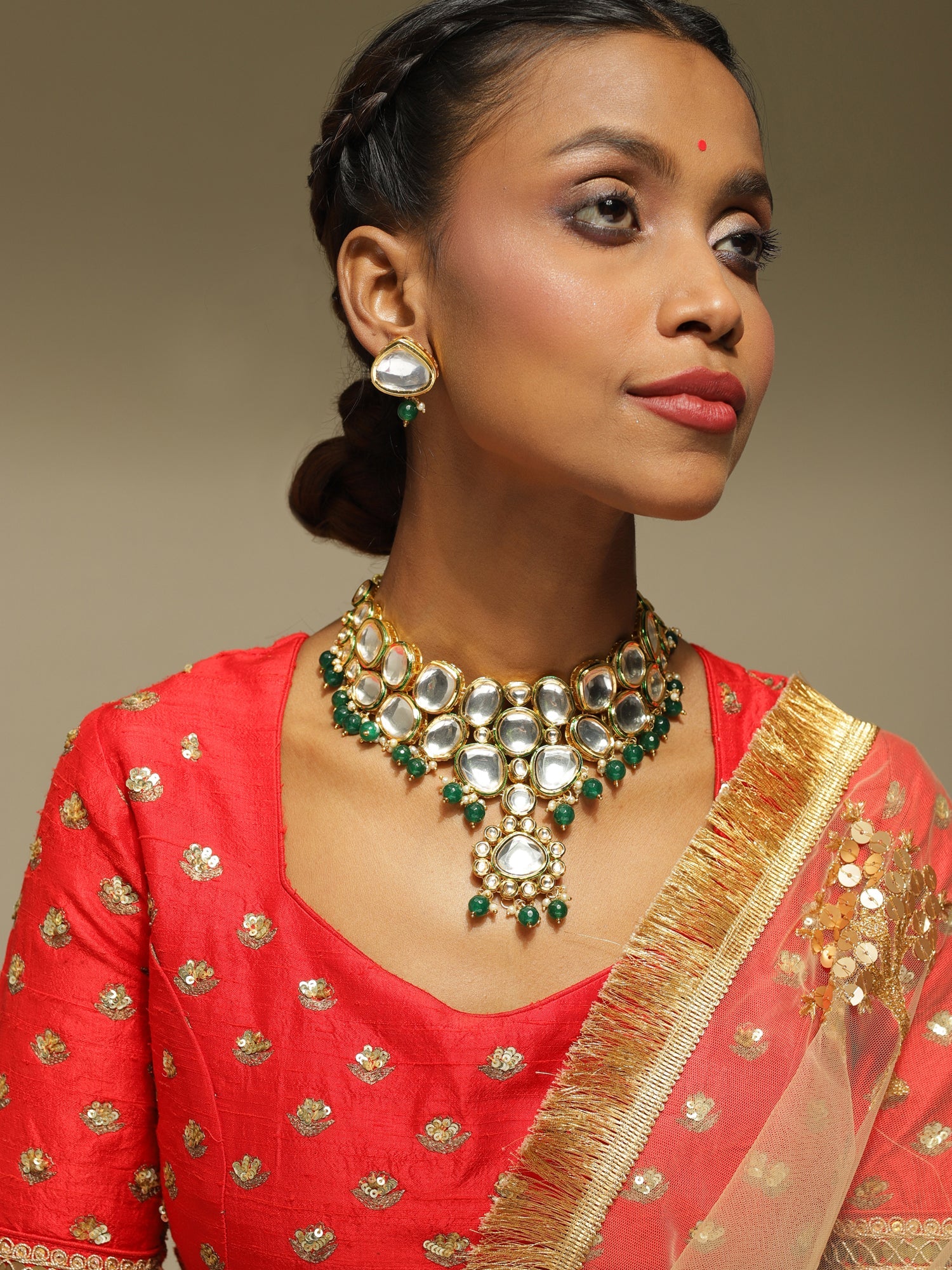 Green White Kundan Choker Jewellery Set - Ruby Raang - Distacart