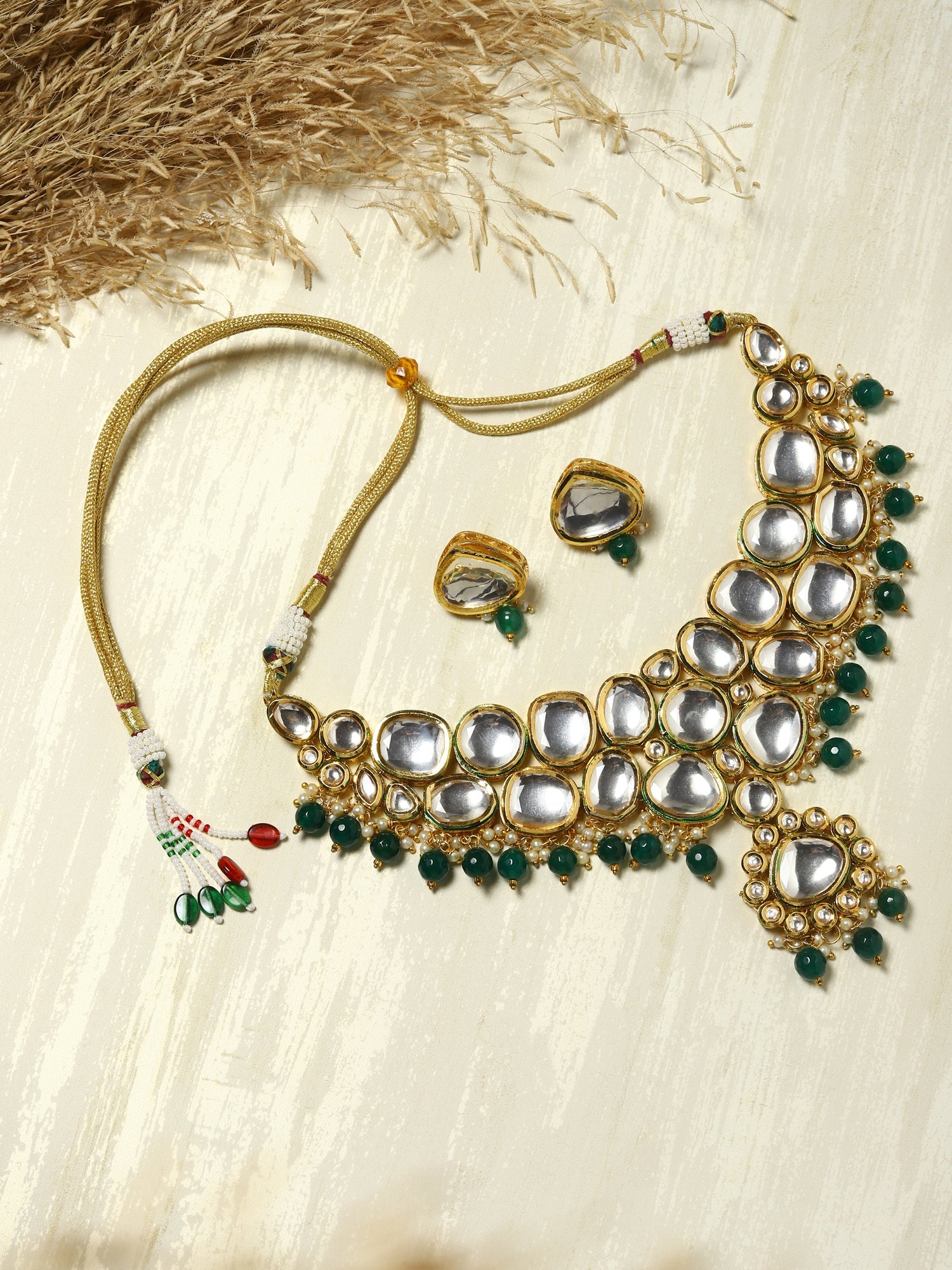 Green White Kundan Choker Jewellery Set - Ruby Raang - Distacart