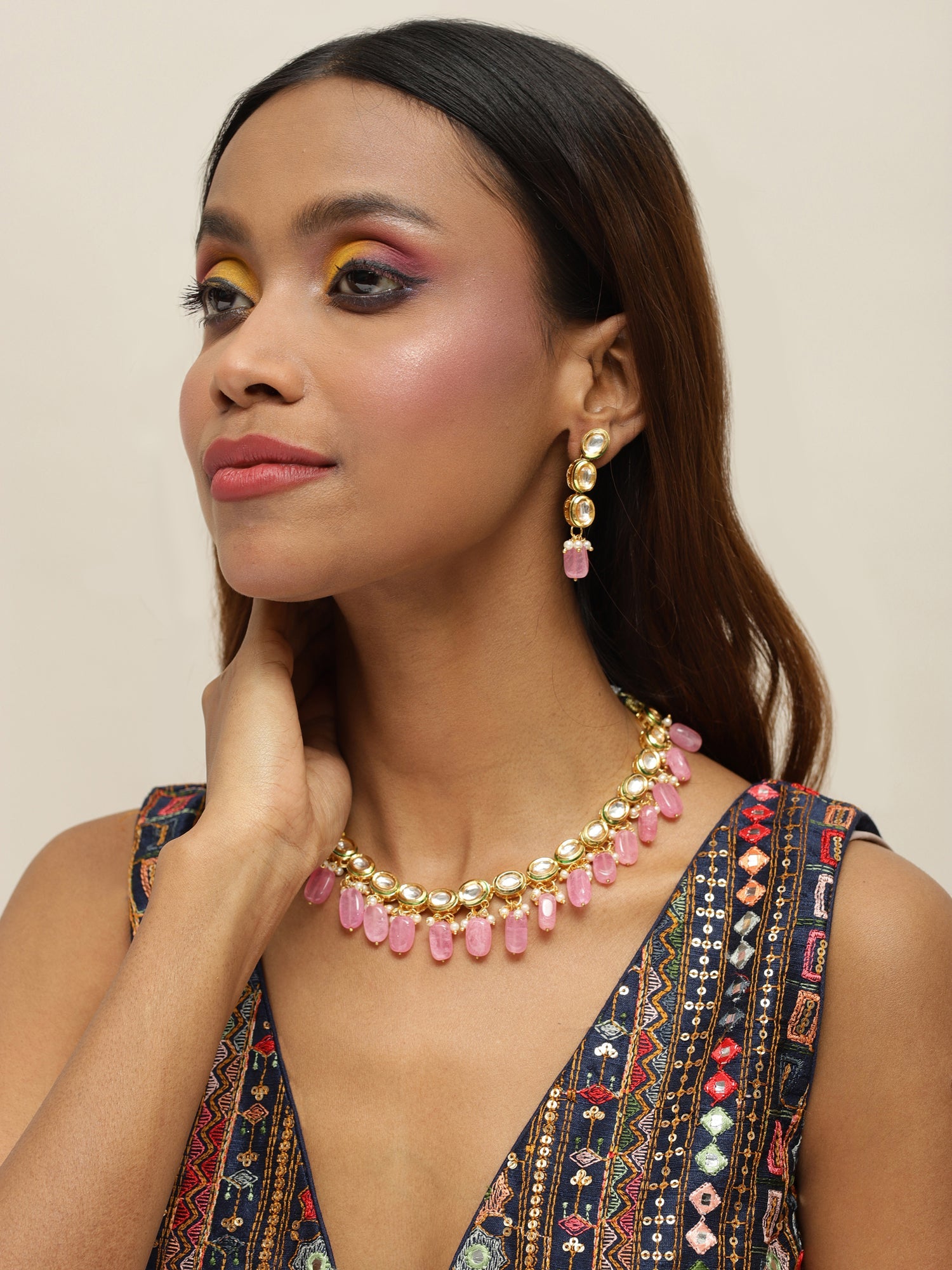 Gold-Plated White Pink Kundan-Studded Pearl Beaded Handcrafted Jewellery Set - Ruby Raang - Distacart
