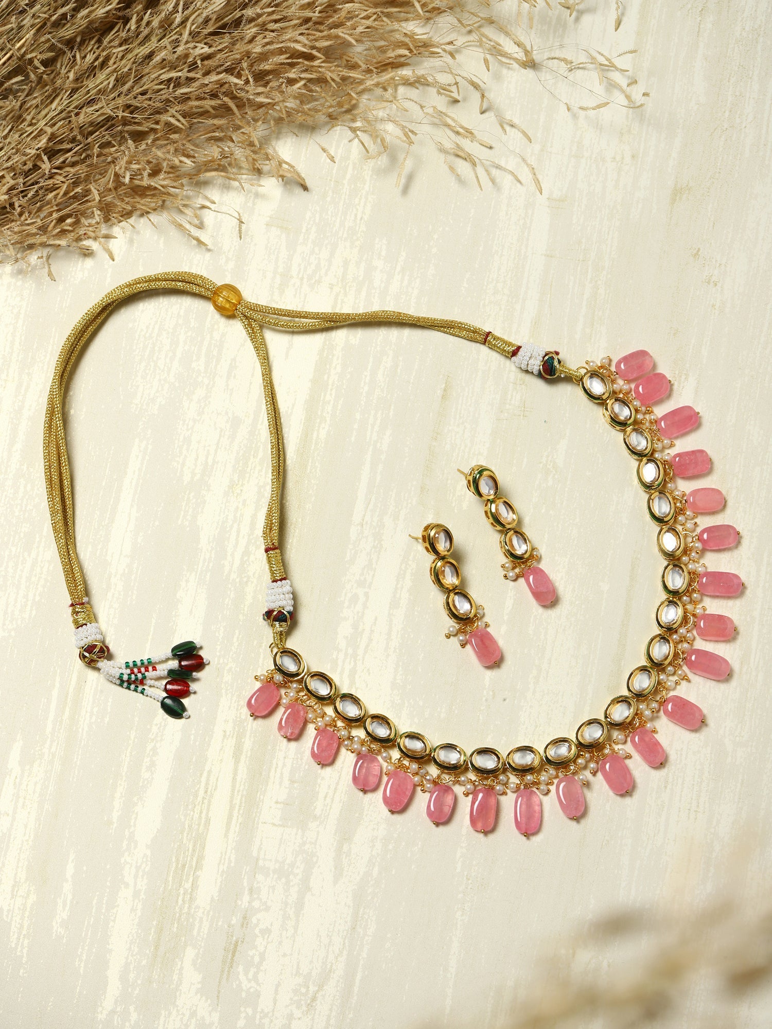 Gold-Plated White Pink Kundan-Studded Pearl Beaded Handcrafted Jewellery Set - Ruby Raang - Distacart