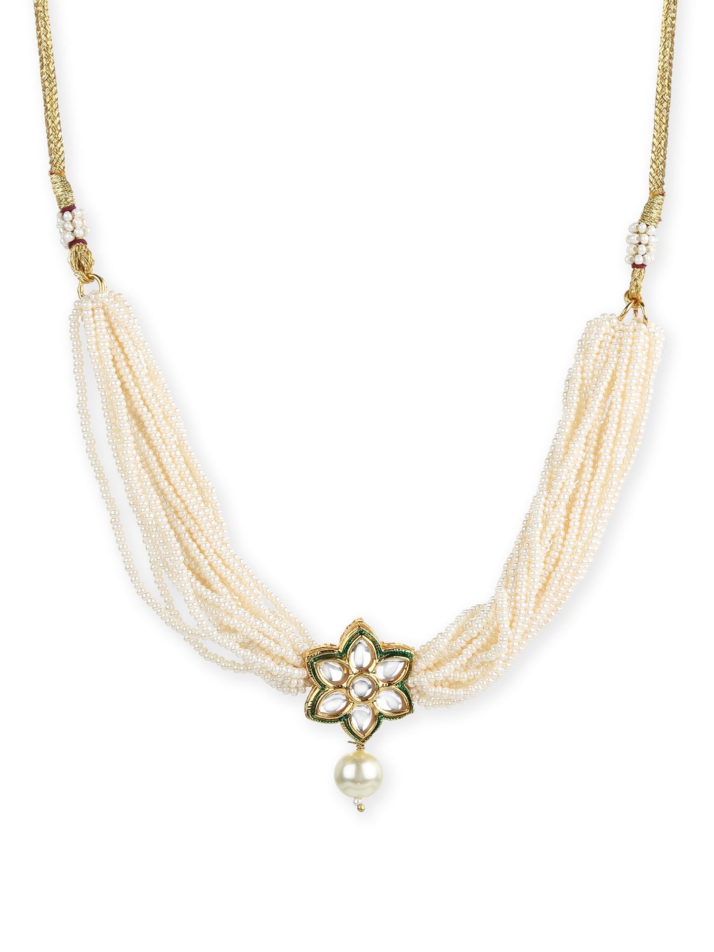 Gold-Plated White Green Brass Kundan Pearls Choker Necklace - Ruby Raang - Distacart