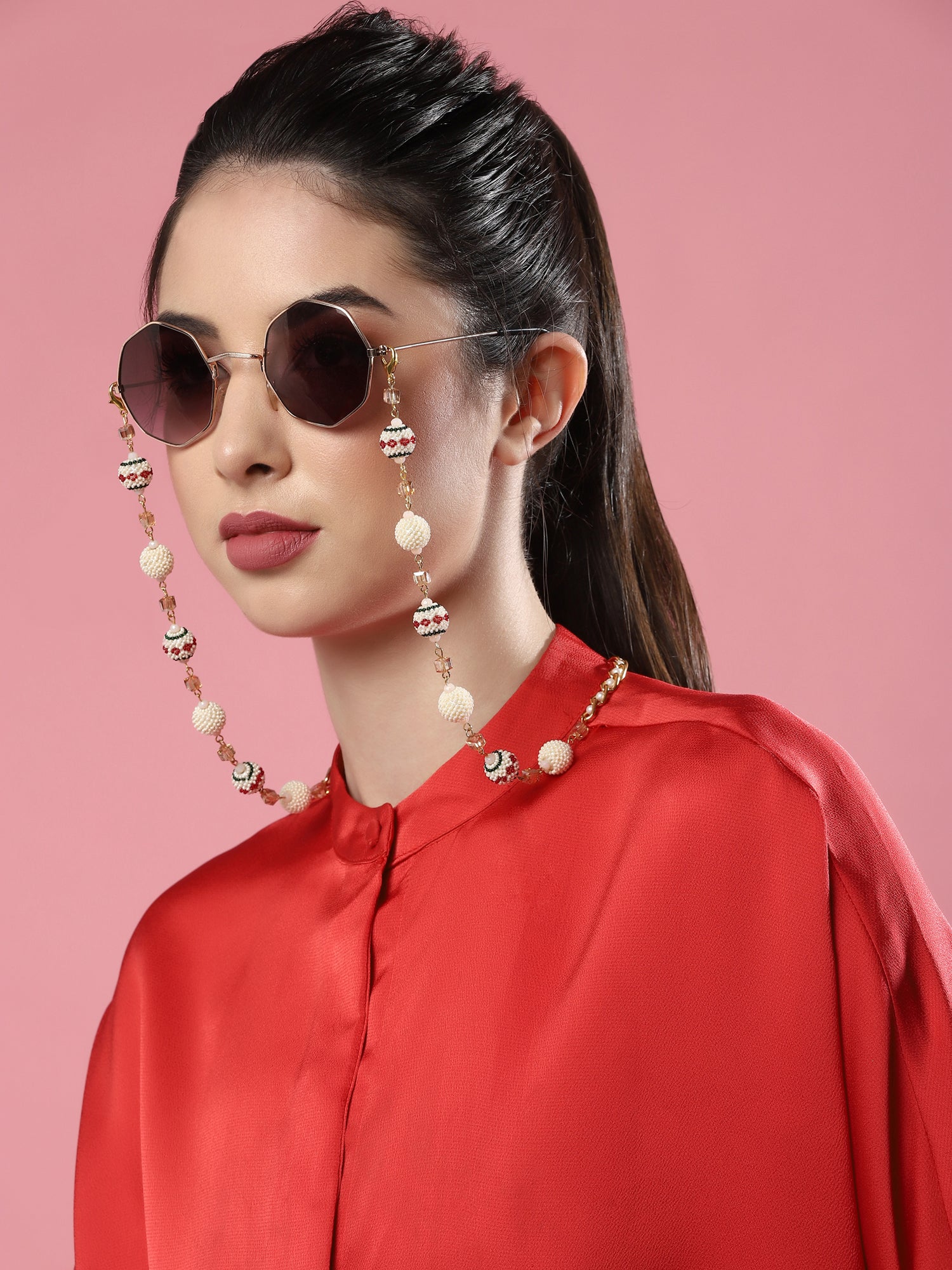 White Gold Toned Embellished Mask Chain - Ruby Raang - Distacart