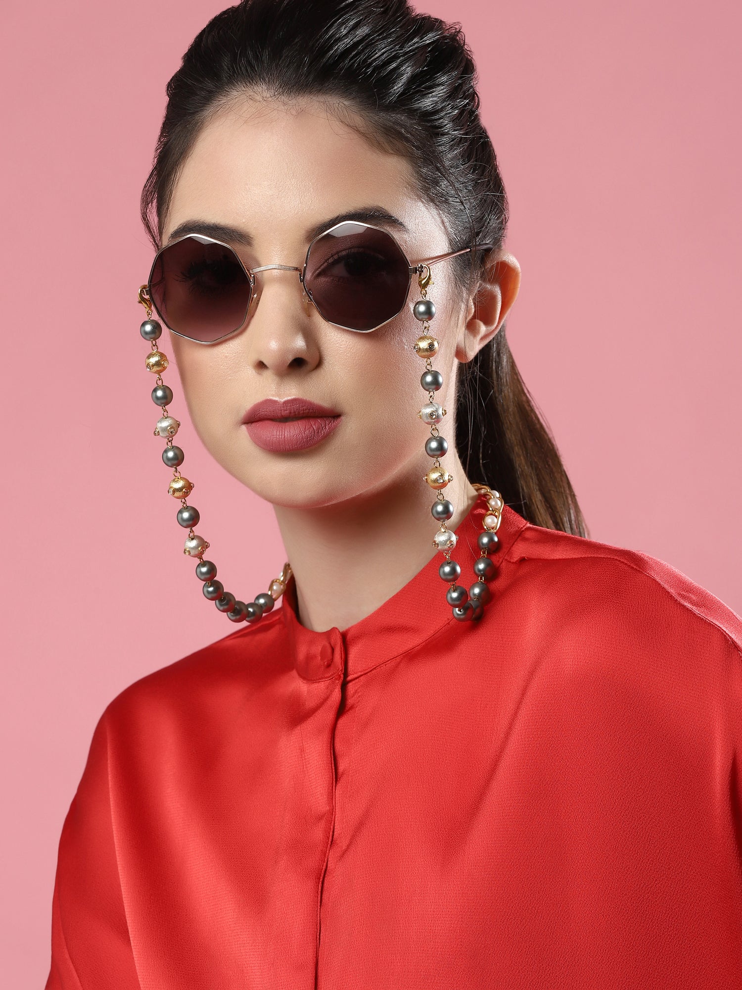 Gold-Toned Grey Beaded Mask Chain - Ruby Raang - Distacart