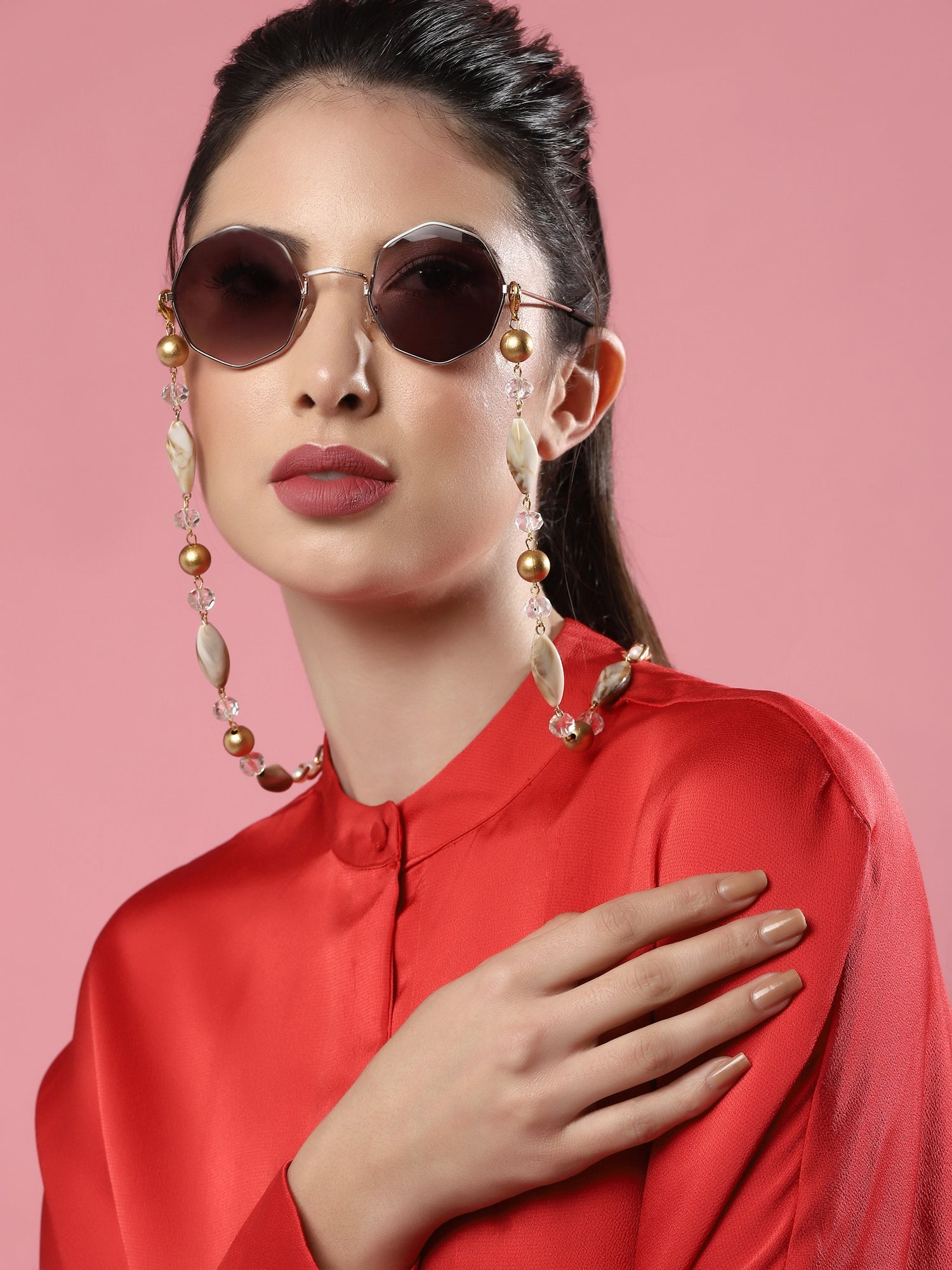 Women's White Embellished Mask Chain - Ruby Raang - Distacart