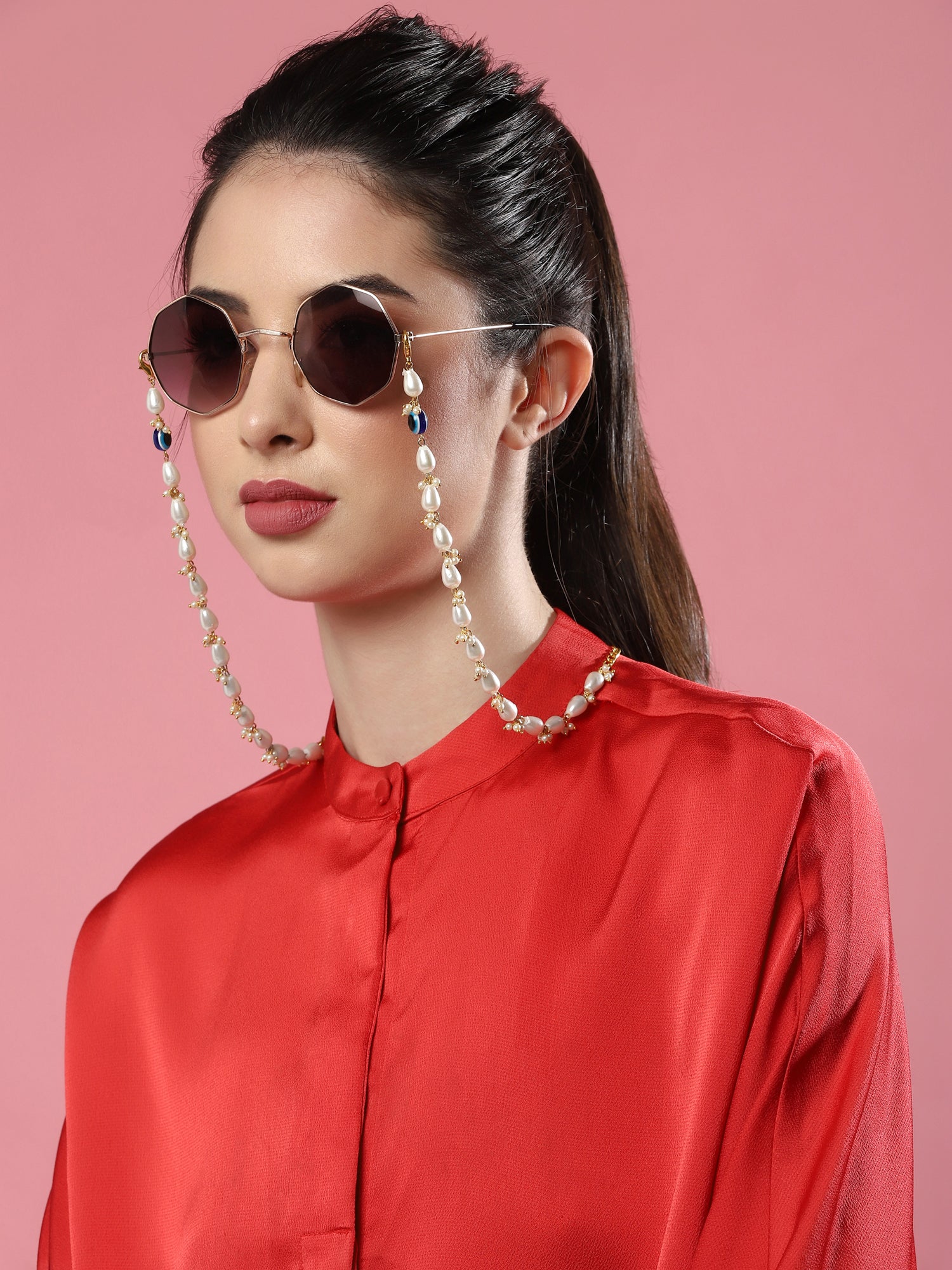 White Gold-Toned Embellished Mask Chain - Ruby Raang - Distacart