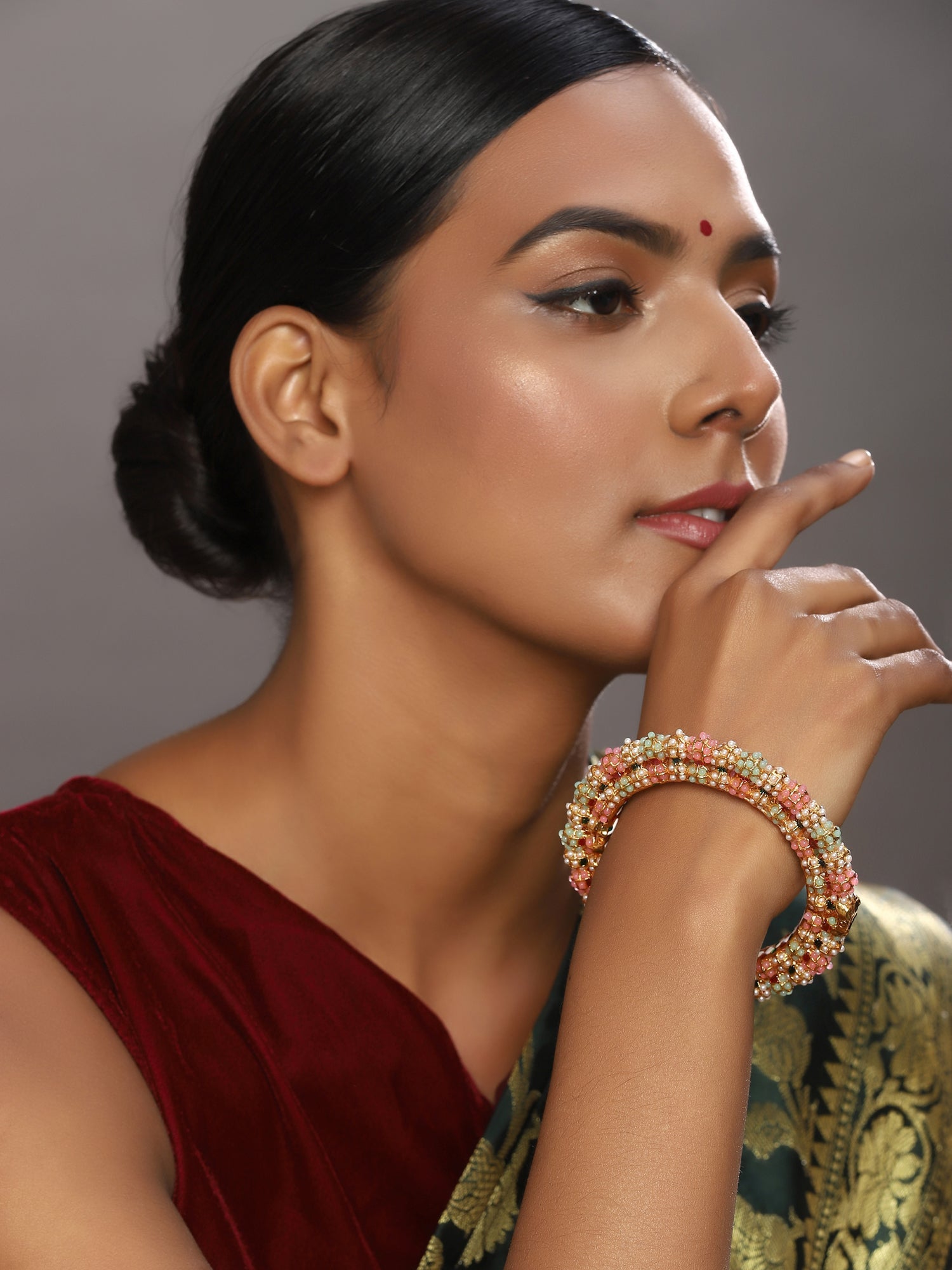 Gold-Plated Green Stone-Studded Beaded Meenakari Bangle - Ruby Raang - Distacart