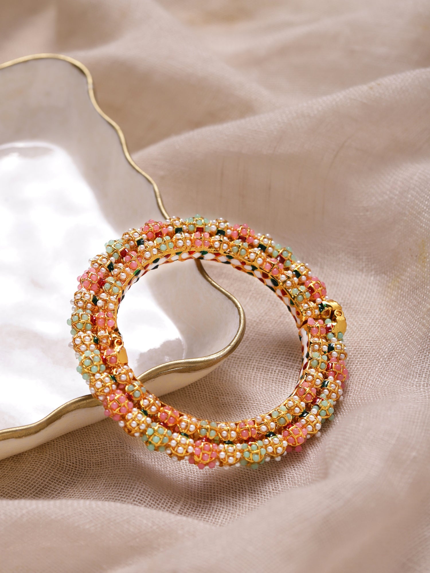 Gold-Plated Green Stone-Studded Beaded Meenakari Bangle - Ruby Raang - Distacart