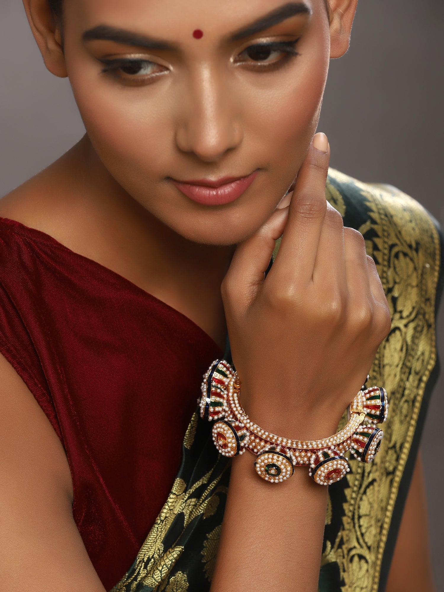 Gold-Plated White Green Stone Studded Meenakari Bangle - Ruby Raang - Distacart