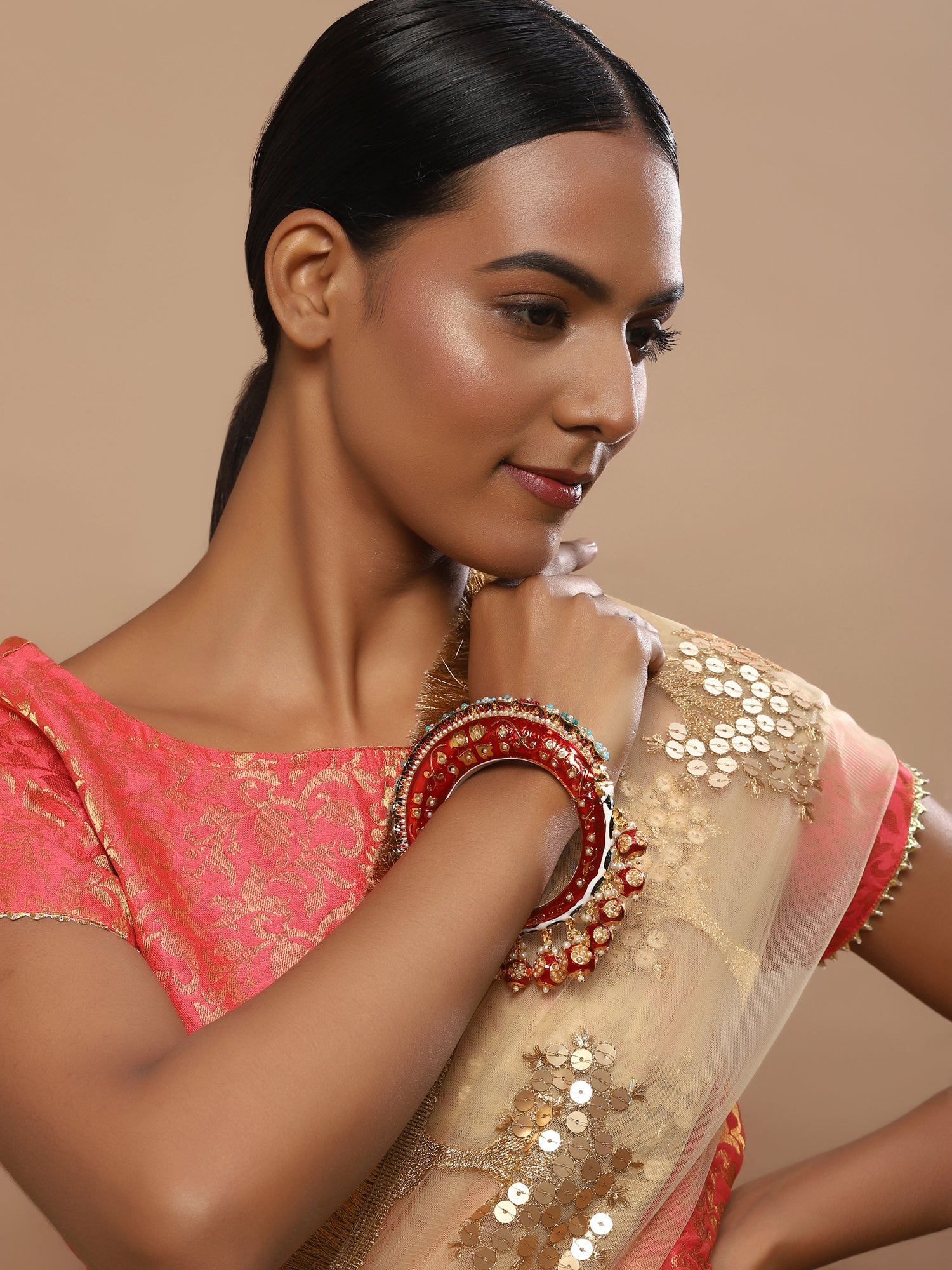 Gold-Plated Red Stone Studded Meenakari Bangle - Ruby Raang - Distacart