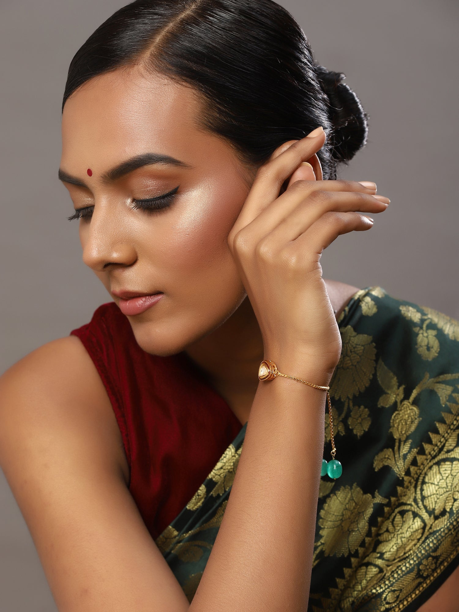 Women's Gold-Plated Green Brass Kundan Charm Bracelet - Ruby Raang - Distacart