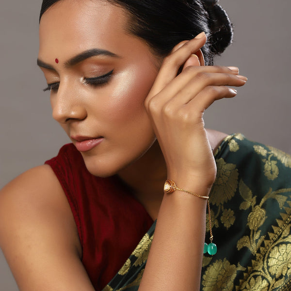 Women's Gold-Plated Green Brass Kundan Charm Bracelet - Ruby Raang - Distacart