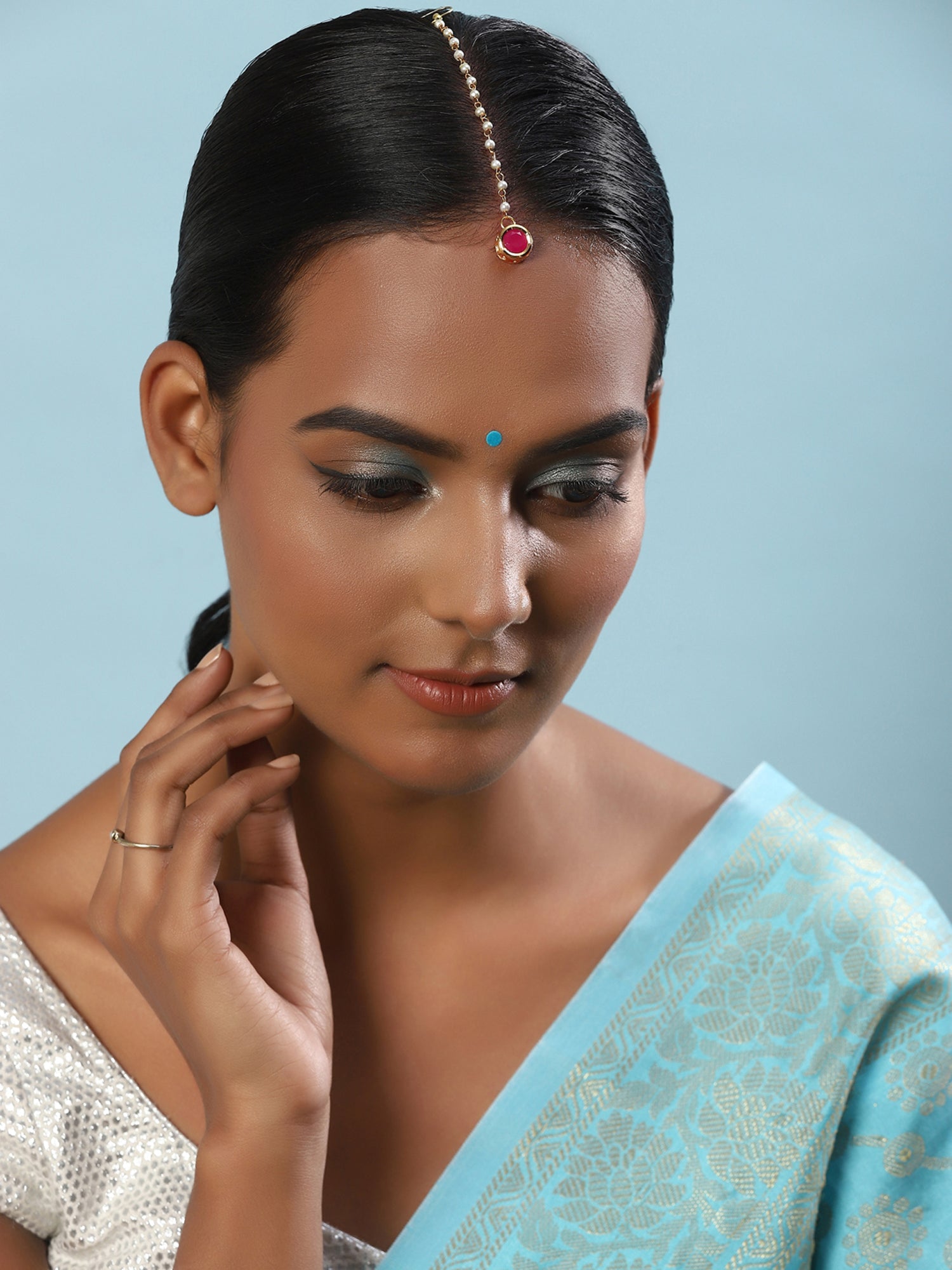 Gold-Plated Maroon Kundan Studded Maang Tikka - Ruby Raang - Distacart