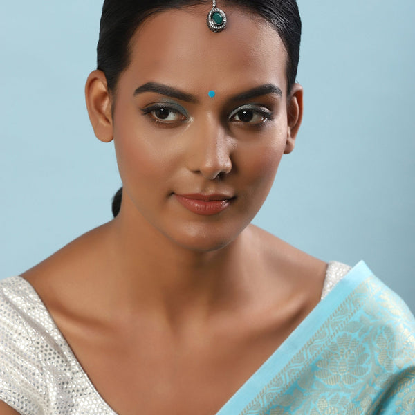 Silver-Plated Green Kundan Stone-Studded Maang Tikka - Ruby Raang - Distacart