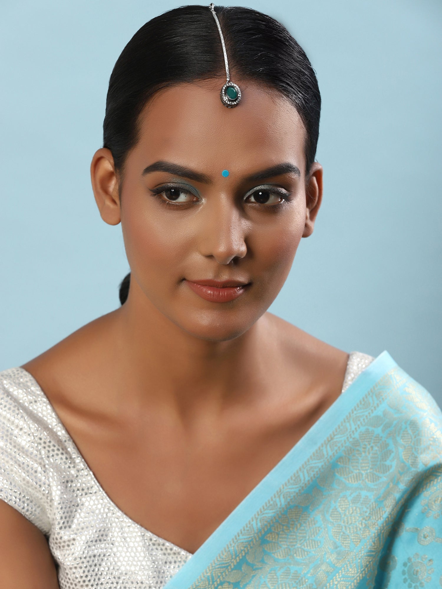 Silver-Plated Green Kundan Stone-Studded Maang Tikka - Ruby Raang - Distacart