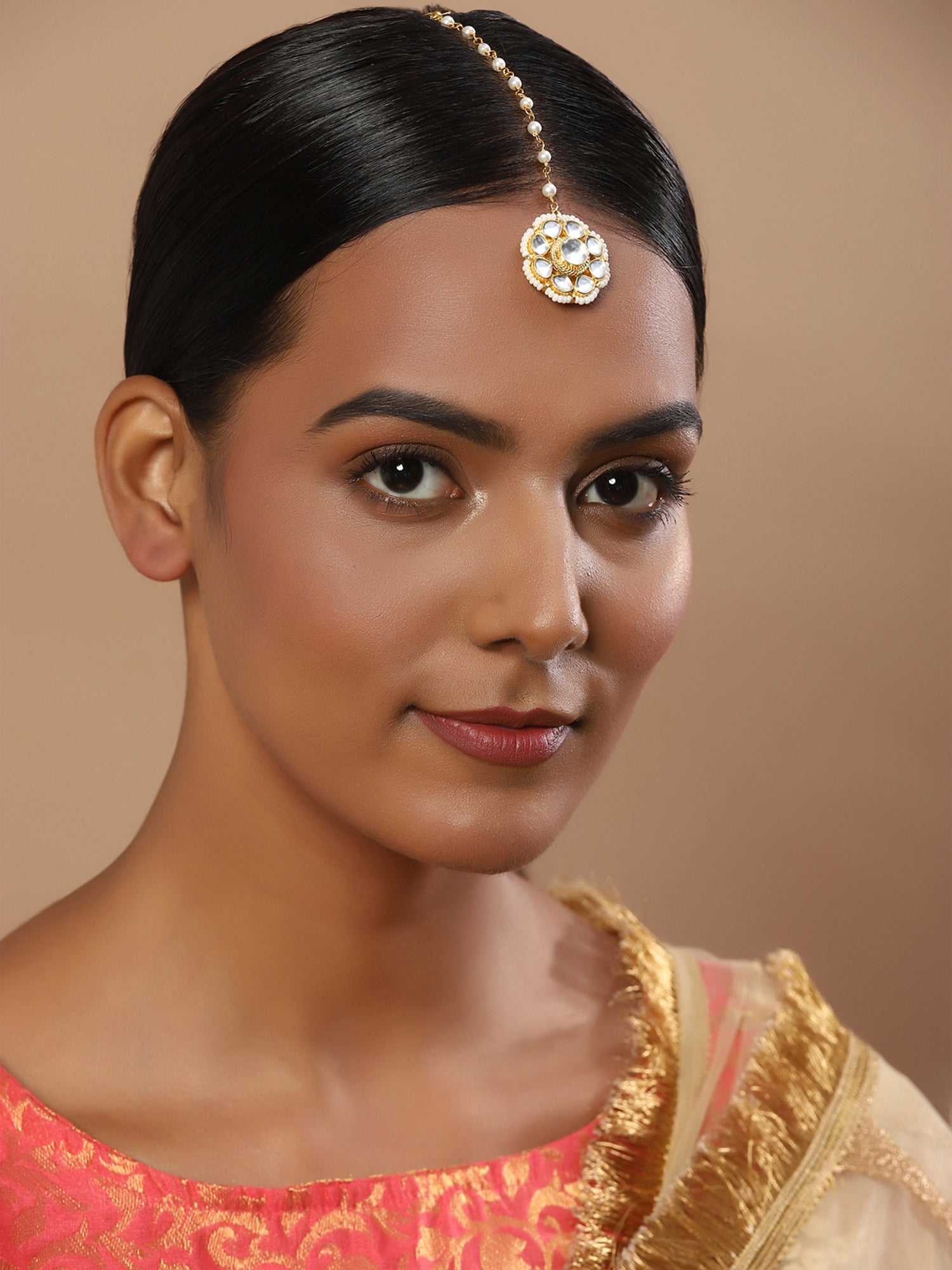 Gold-Plated White Kundan-Studded Maang Tikka - Ruby Raang - Distacart