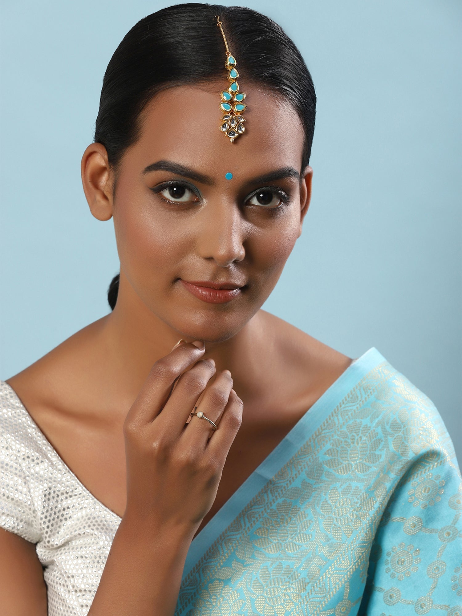 Gold-Plated Turquoise Blue Kundan-Studded Maang Tikka - Ruby Raang - Distacart