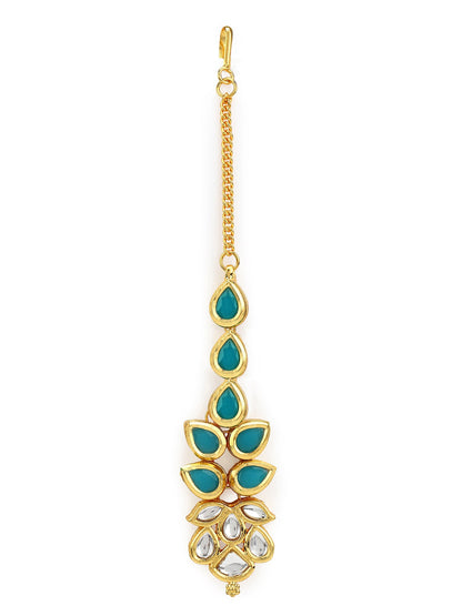 Gold-Plated Turquoise Blue Kundan-Studded Maang Tikka - Ruby Raang - Distacart