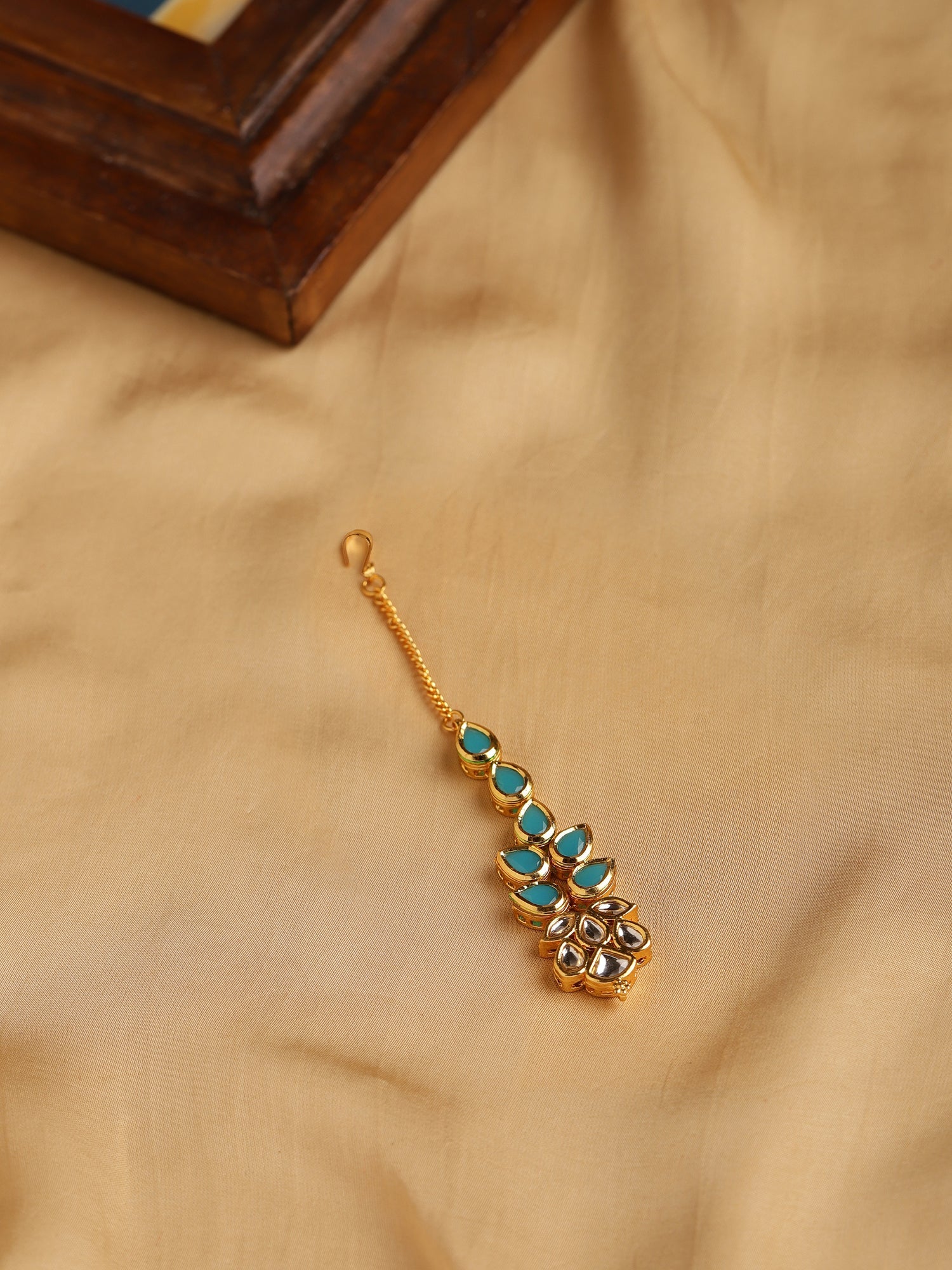 Gold-Plated Turquoise Blue Kundan-Studded Maang Tikka - Ruby Raang - Distacart