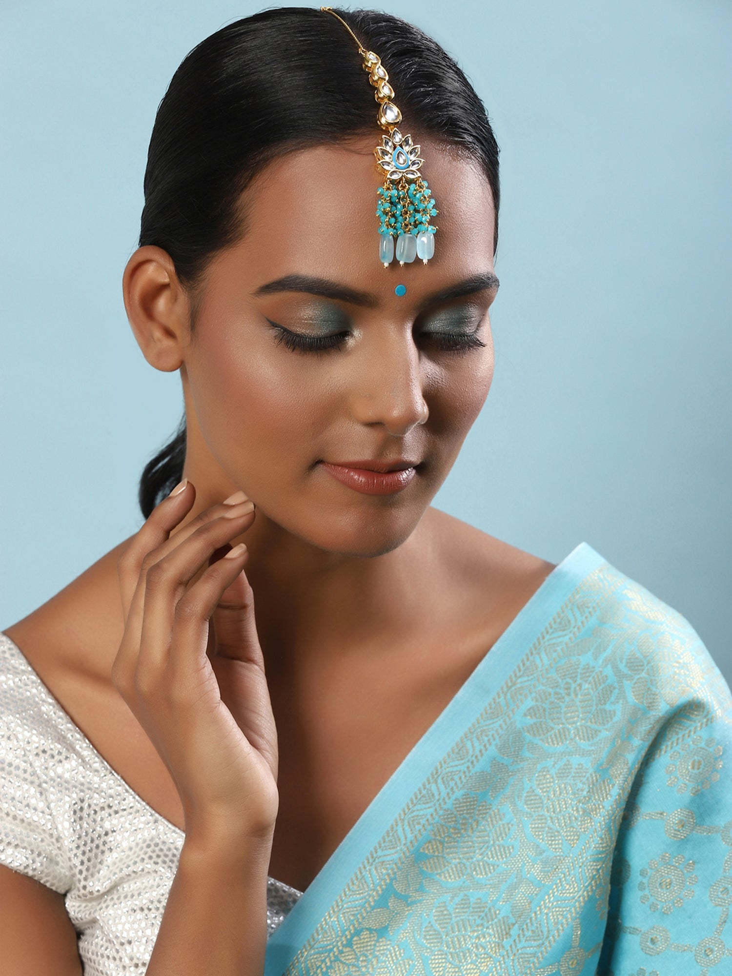 Women's Turquoise Bluegold Kundan Head Jewellery - Ruby Raang - Distacart