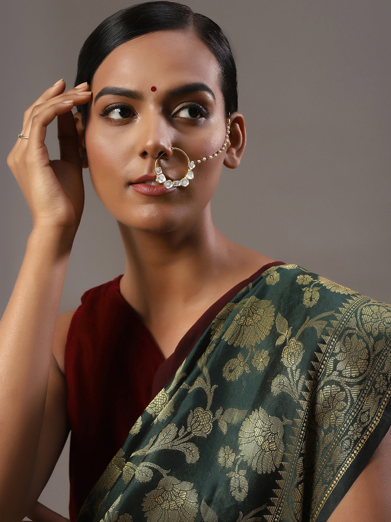 Gold-Plated White Kundan-Studded Nose Ring With Chain - Ruby Raang - Distacart