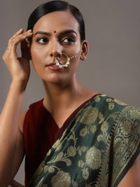 Thumbnail for Gold-Plated White Kundan-Studded Nose Ring With Chain - Ruby Raang - Distacart