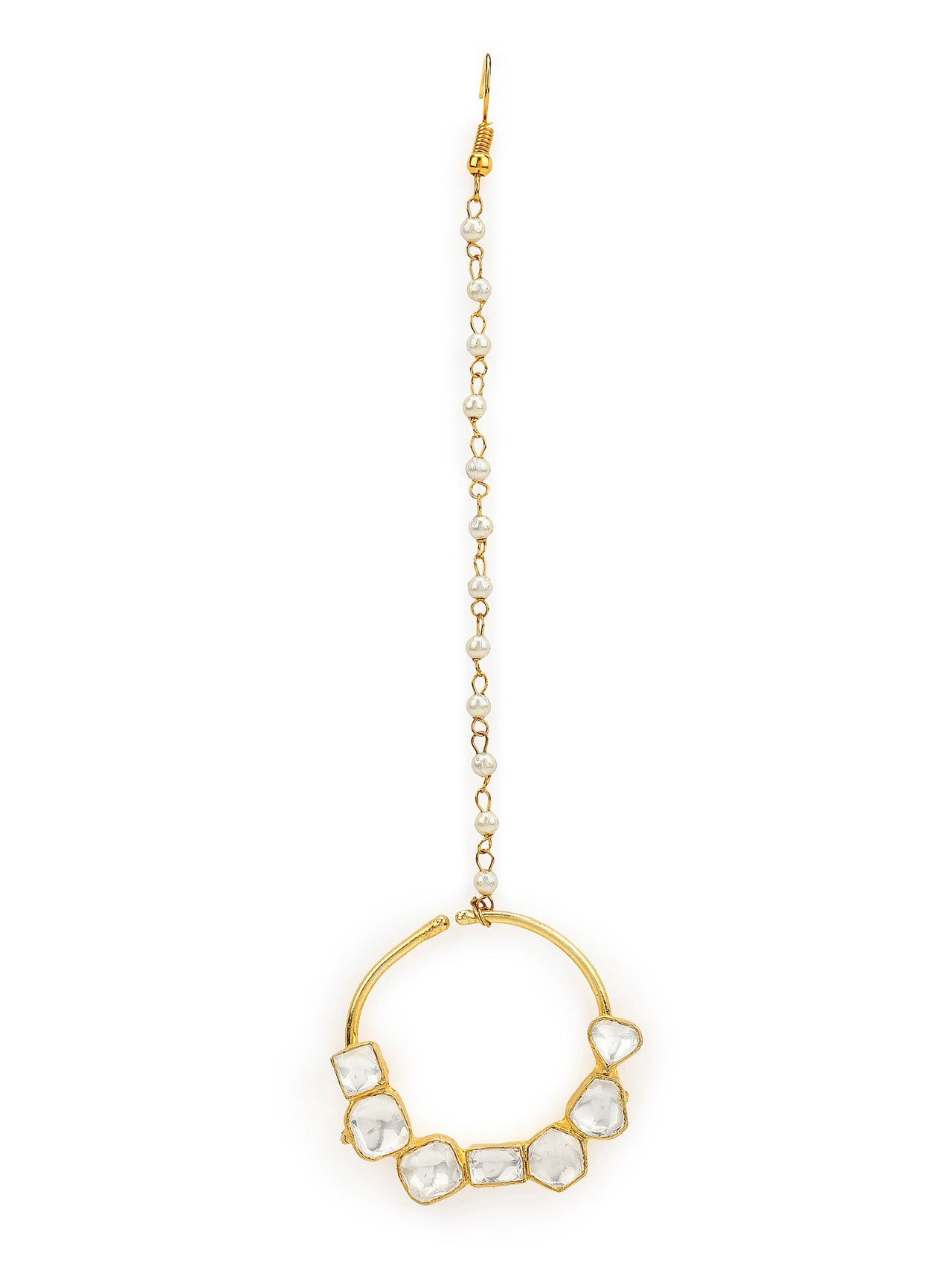 Gold-Plated White Kundan-Studded Nose Ring With Chain - Ruby Raang - Distacart