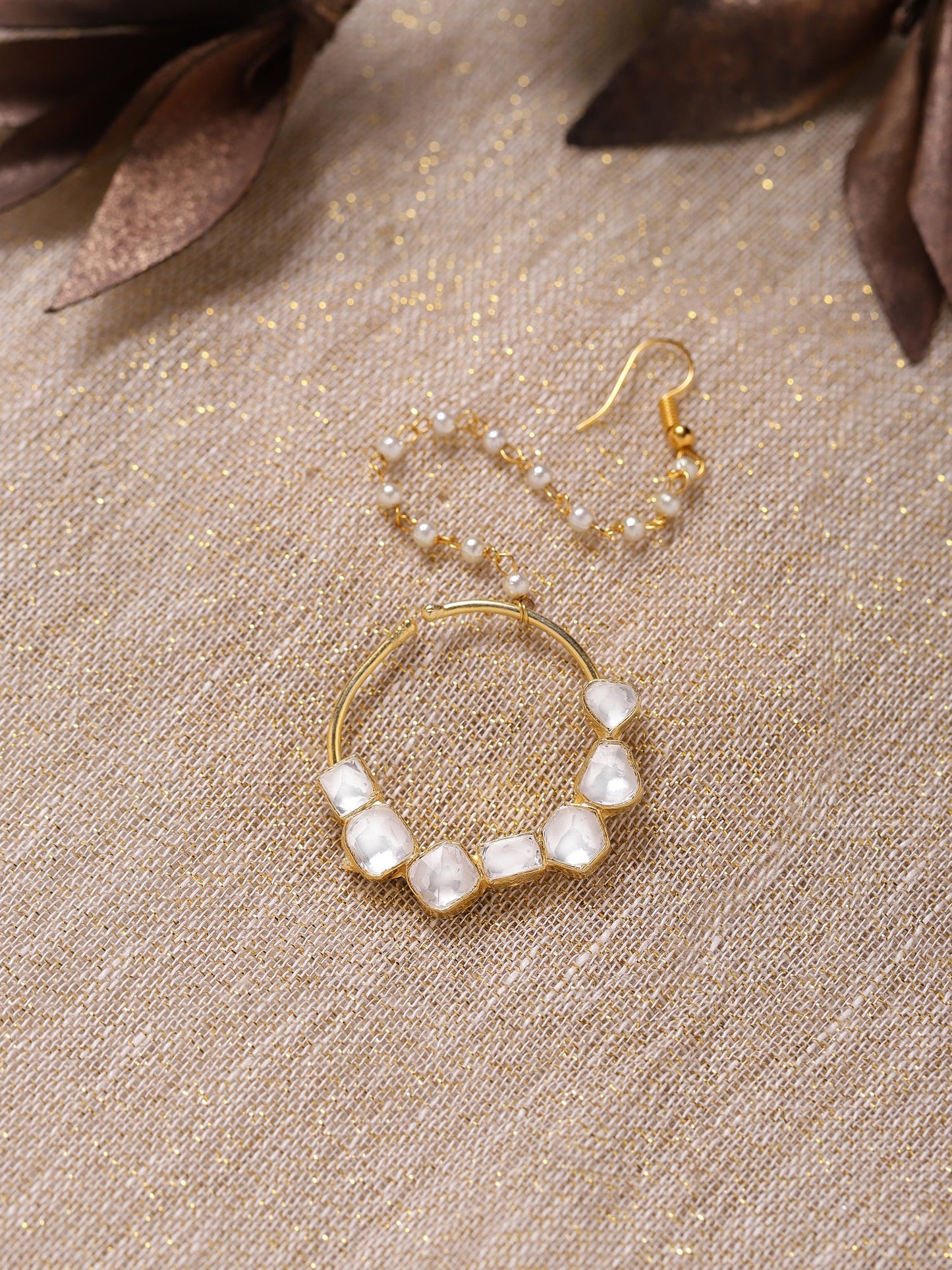 Gold-Plated White Kundan-Studded Nose Ring With Chain - Ruby Raang - Distacart