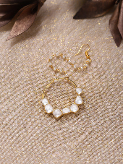 Gold-Plated White Kundan-Studded Nose Ring With Chain - Ruby Raang - Distacart