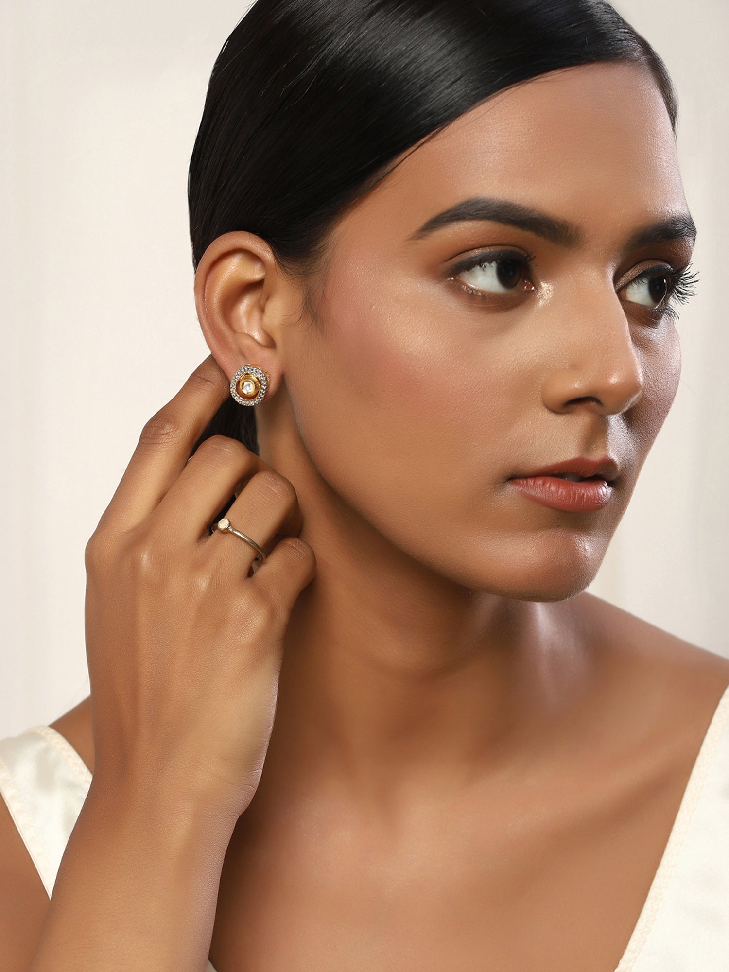 Gold-Plated White Kundan Studded Circular Studs Earrings - Ruby Raang - Distacart