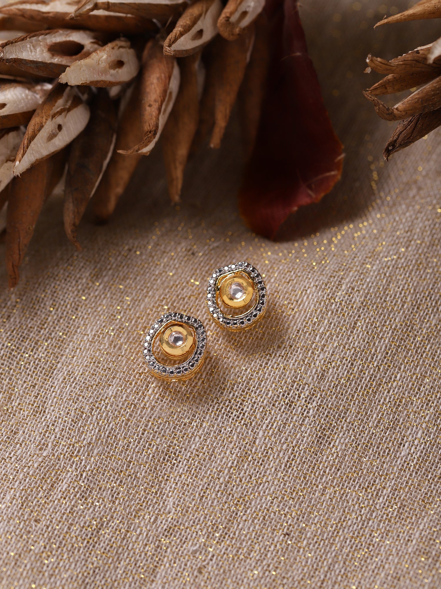 Gold-Plated White Kundan Studded Circular Studs Earrings - Ruby Raang - Distacart