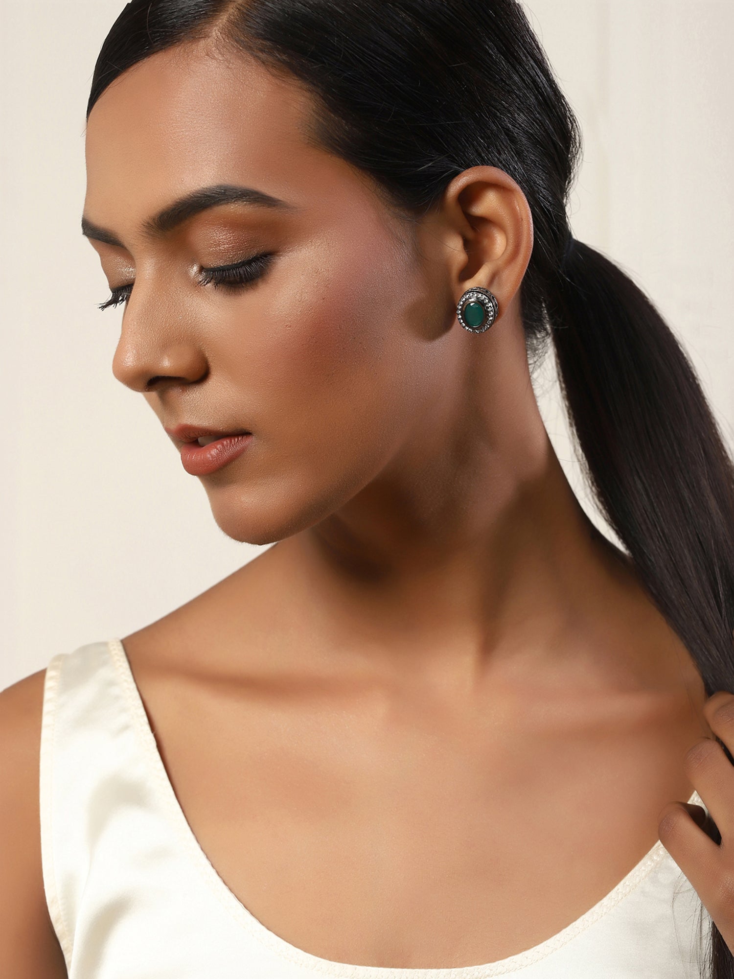 Silver-Plated Oval Kundan Studded Studs Earrings - Ruby Raang - Distacart