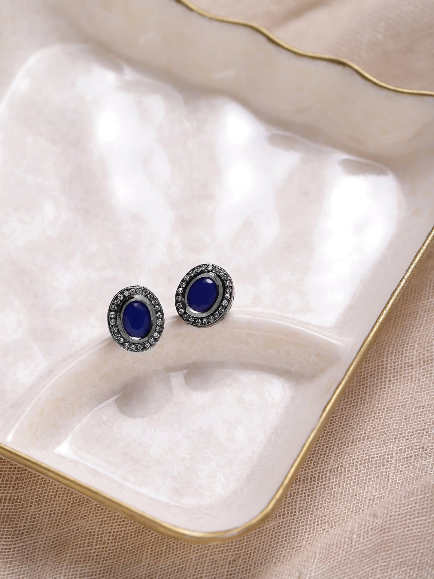 Silver-Plated Oval Kundan Studs Earrings - Ruby Raang - Distacart