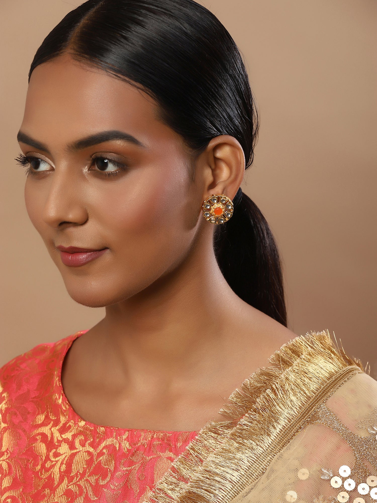 Gold-Plated Floral Shaped Kundan Studded Studs Earrings - Ruby Raang - Distacart