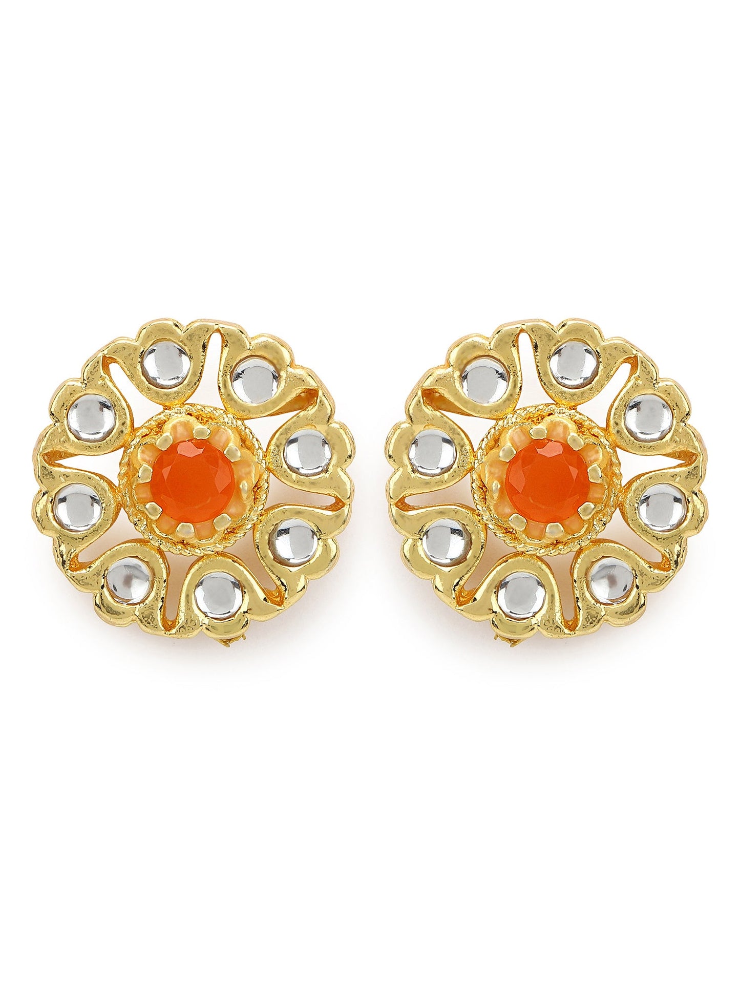 Gold-Plated Floral Shaped Kundan Studded Studs Earrings - Ruby Raang - Distacart