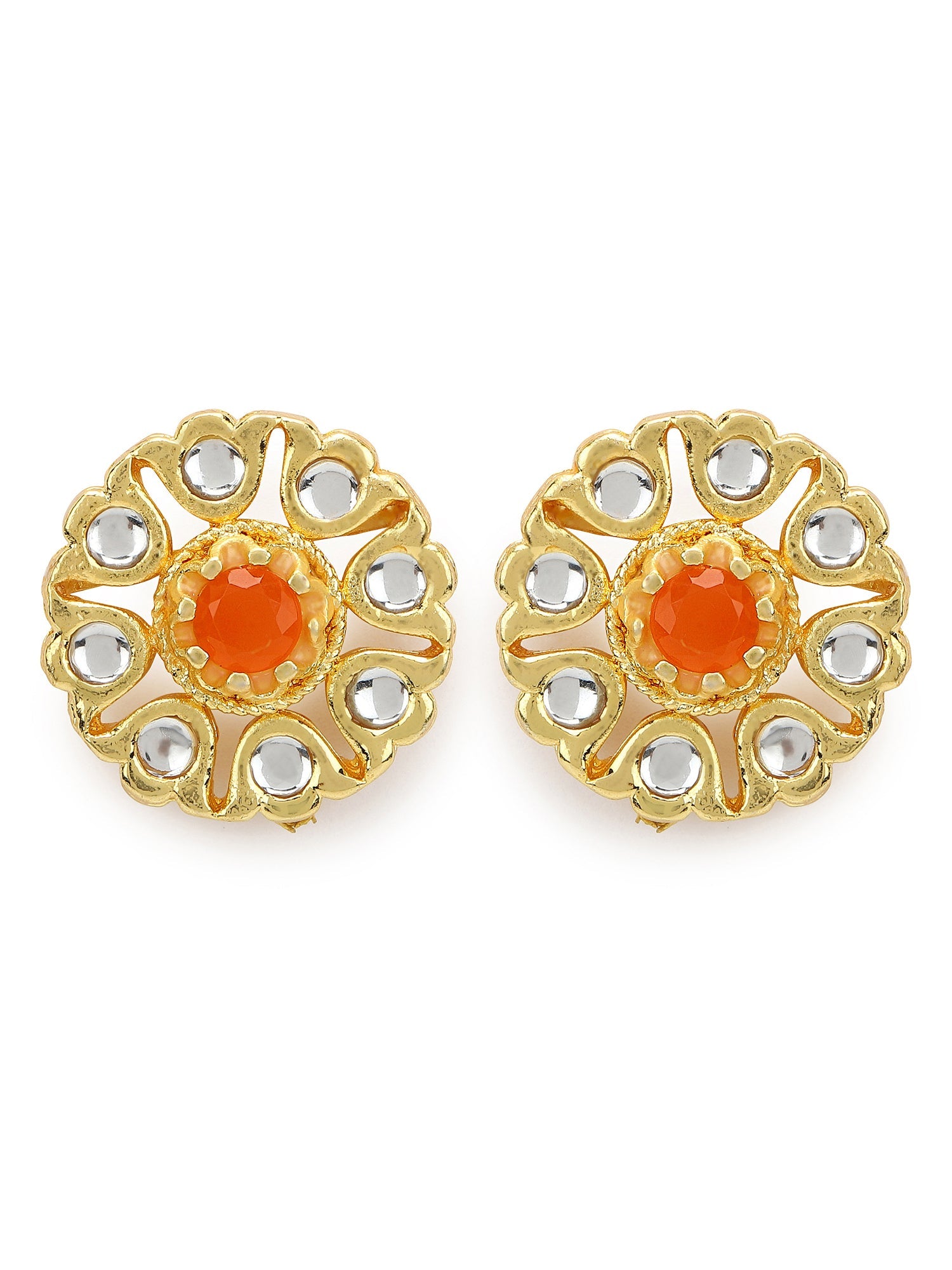 Gold-Plated Floral Shaped Kundan Studded Studs Earrings - Ruby Raang - Distacart