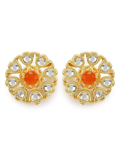 Gold-Plated Floral Shaped Kundan Studded Studs Earrings - Ruby Raang - Distacart