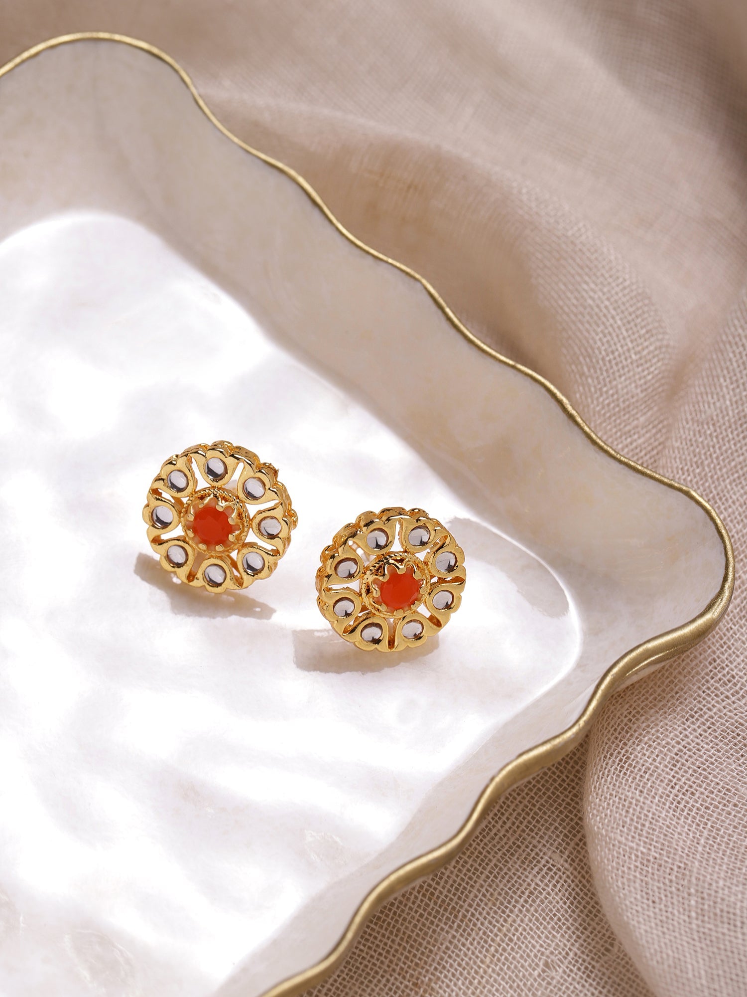Gold-Plated Floral Shaped Kundan Studded Studs Earrings - Ruby Raang - Distacart