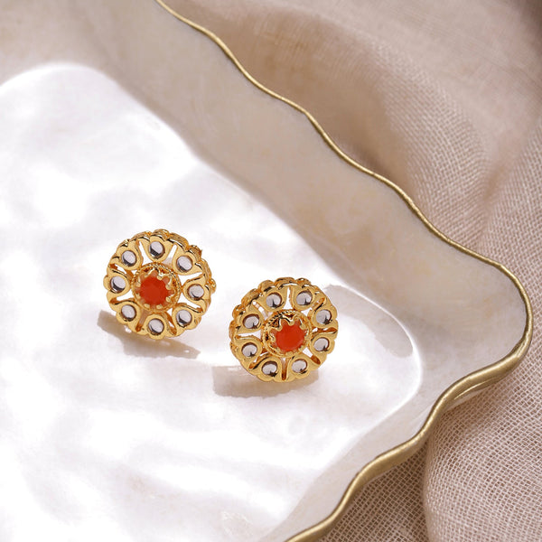 Gold-Plated Floral Shaped Kundan Studded Studs Earrings - Ruby Raang - Distacart