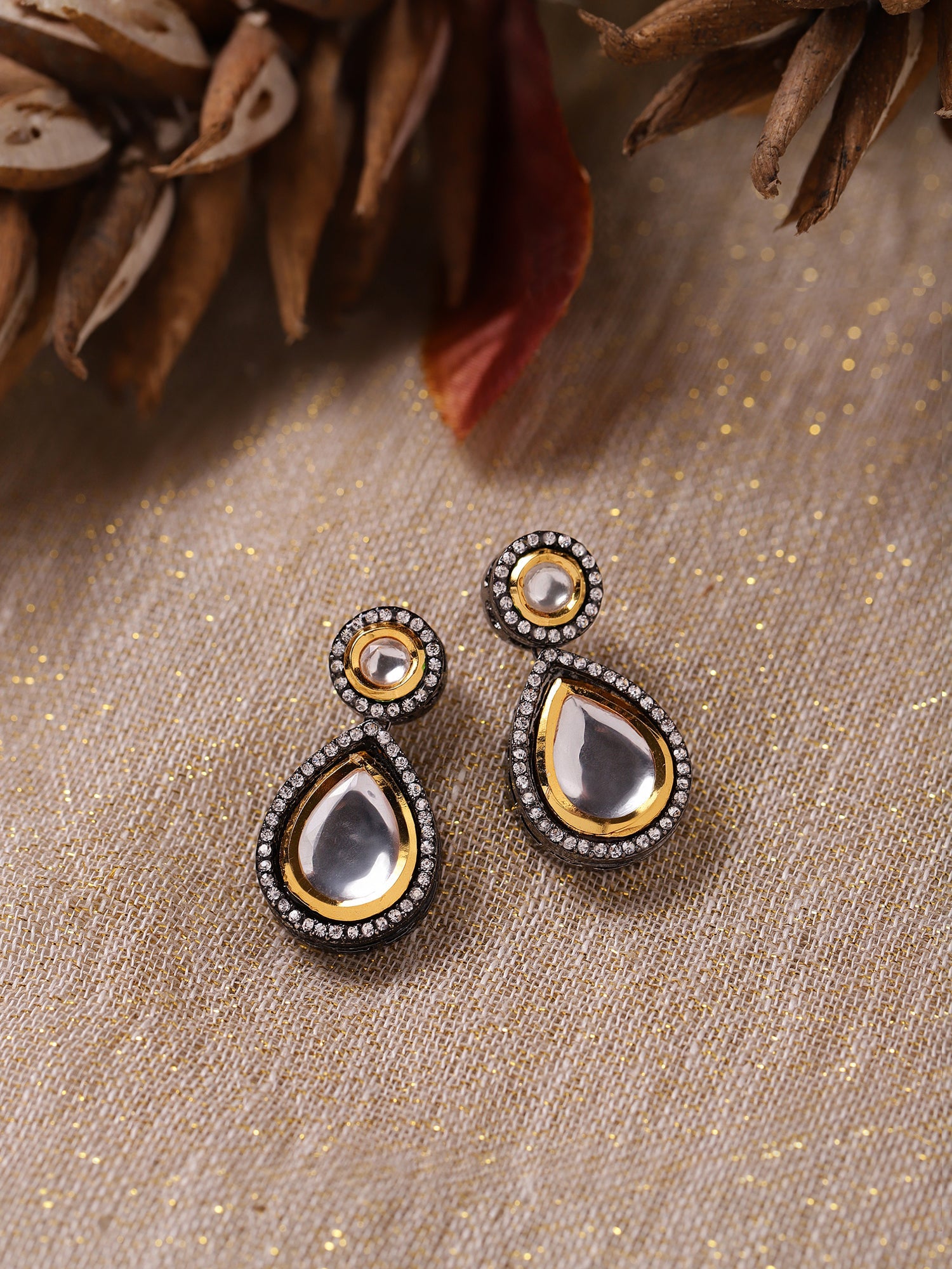 Silver-Plated Teardrop Shape Kundan Studded Drop Earrings - Ruby Raang - Distacart