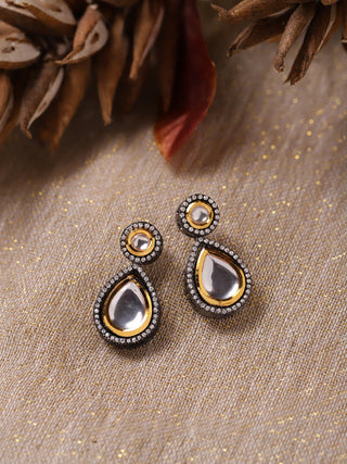Silver-Plated Teardrop Shape Kundan Studded Drop Earrings - Ruby Raang - Distacart