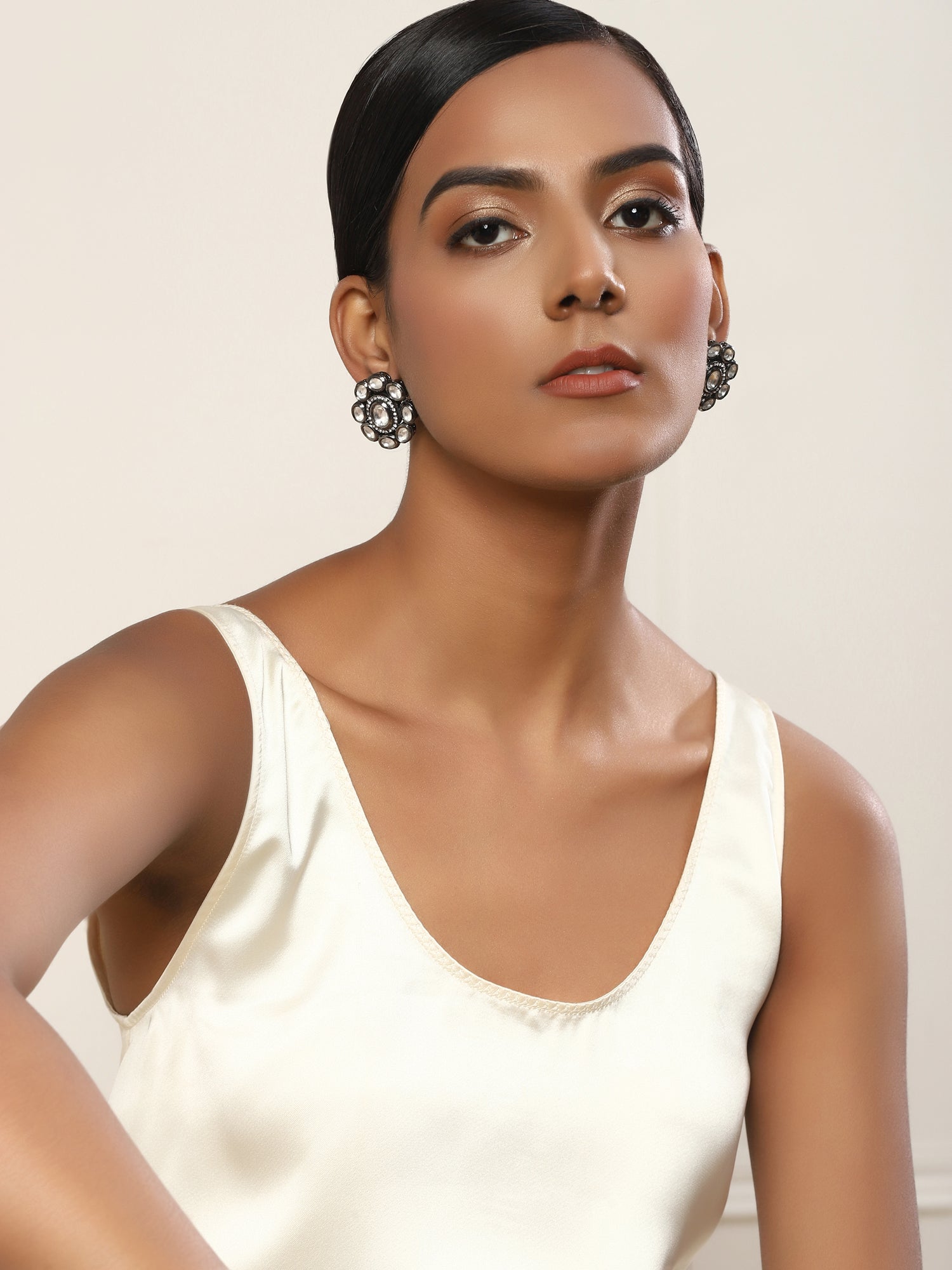 Black Silver-Plated Circular Kundan Studs Earrings - Ruby Raang - Distacart