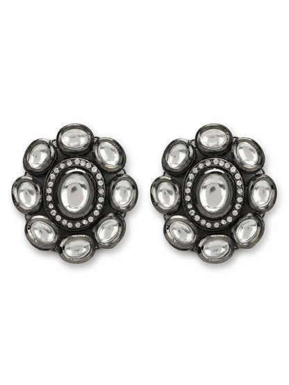 Black Silver-Plated Circular Kundan Studs Earrings - Ruby Raang - Distacart