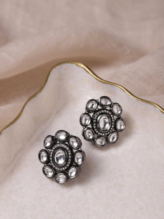 Black Silver-Plated Circular Kundan Studs Earrings - Ruby Raang - Distacart