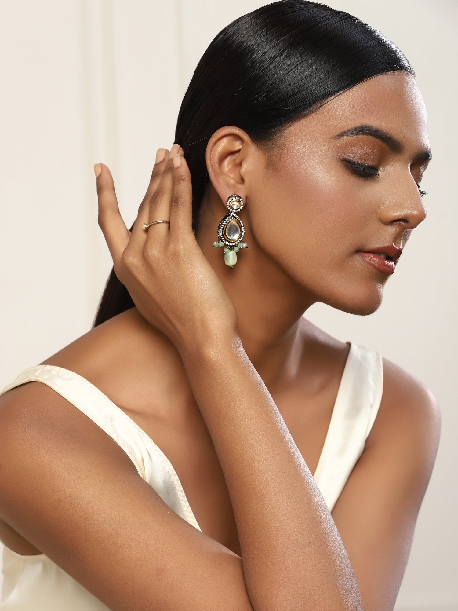 Green White Teardrop Shaped Drop Earrings - Ruby Raang - Distacart