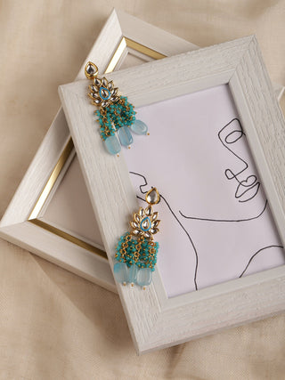 Gold-Plated Turquoise Blue Kundan Studded Classic Drop Earrings - Ruby Raang - Distacart
