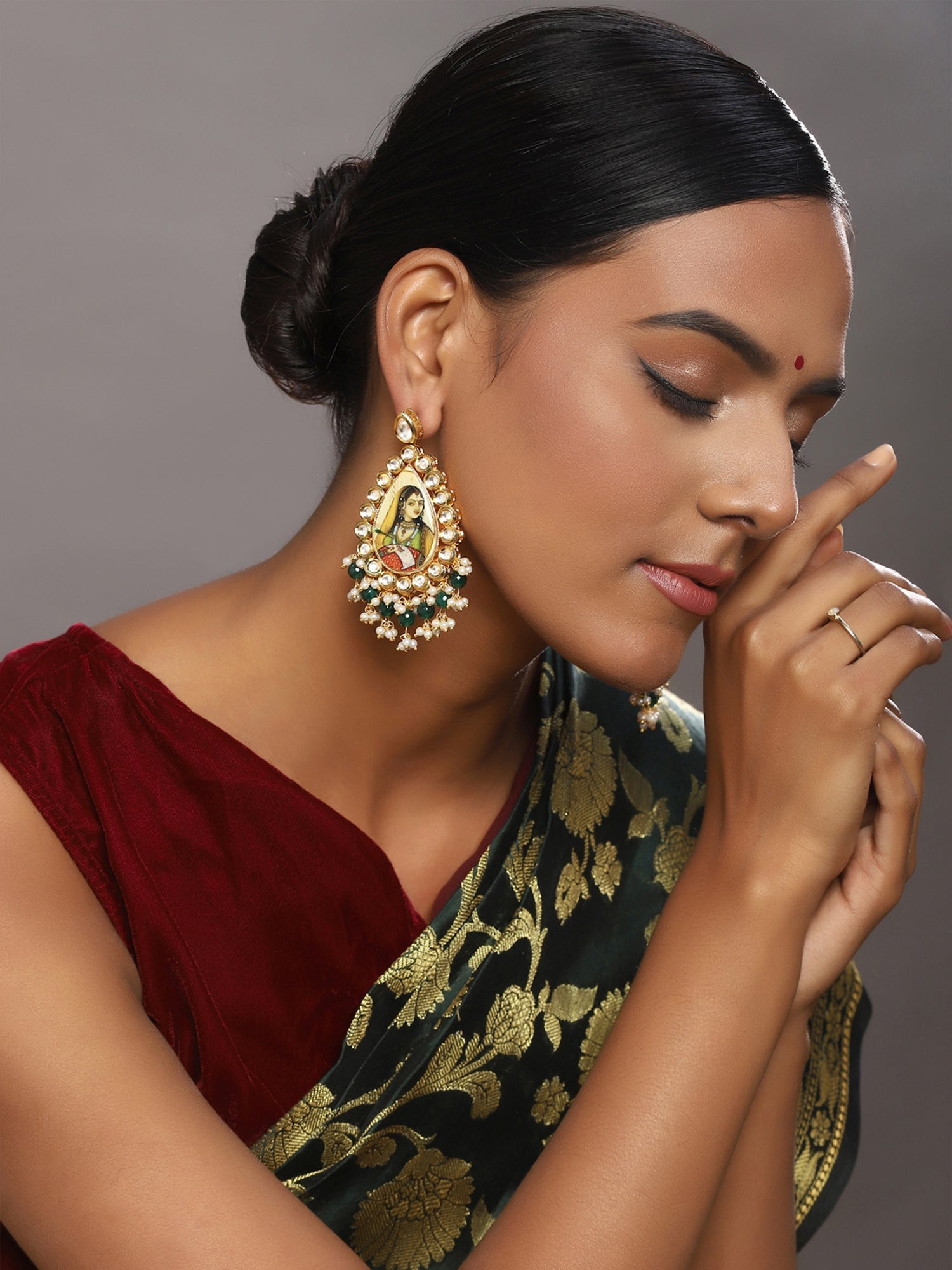 Gold-Plated Classic Kundan Studded Chandbalis Earrings - Ruby Raang - Distacart